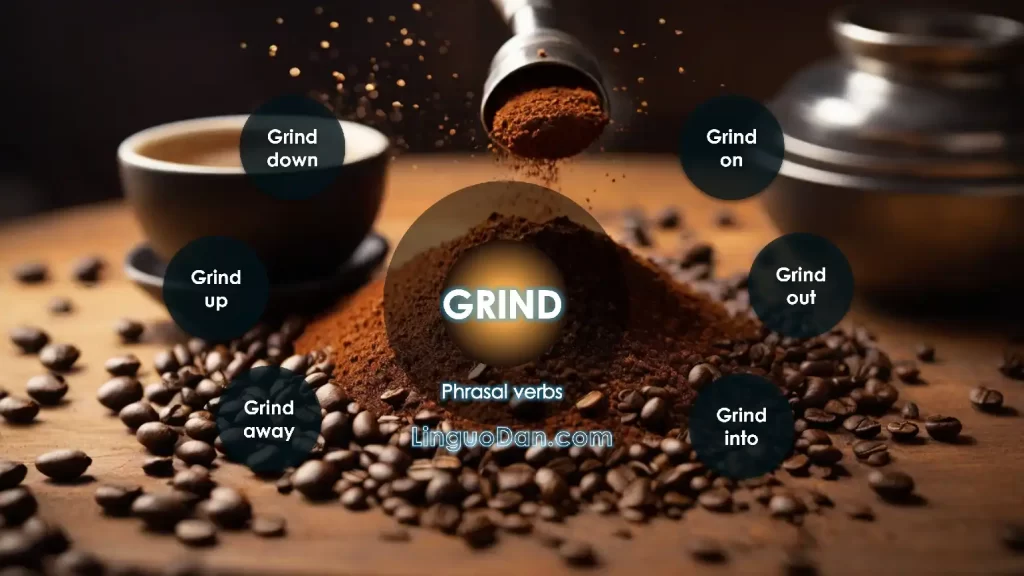 learn phrasal verbs with GRIND: grind up, grind down, grind on, grind out, grind away